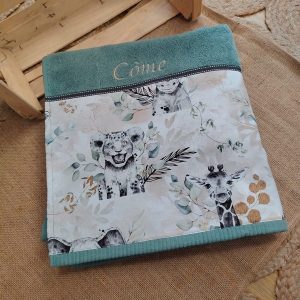 Drap de bain animaux- savane - feuillage - éponge - vert - amande