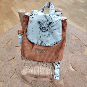 Sac à dos maternelle animaux - savane - bleu - vert - velours - camel