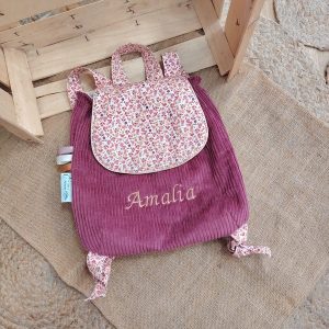 Sac à dos maternelle fleuri - rose - velours - bordeaux - clair