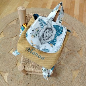 Sac à dos maternelle animaux - savane - lions - velours - moutarde