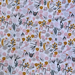 Tissu fleuri gris rose moutarde