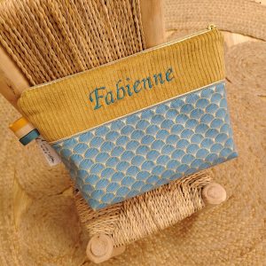 Trousse de toilette graphique - bleu - velours - moutarde